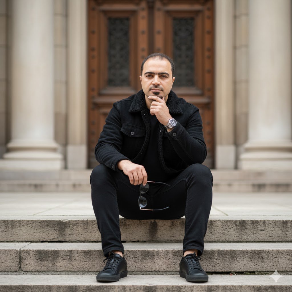 Stylish Man in Black Sherpa Jacket on Stone Steps