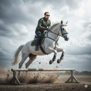 AI image prompt, NonoBanana, cinematic action, white horse, leather jacket, hyper-realistic, 8K portrait