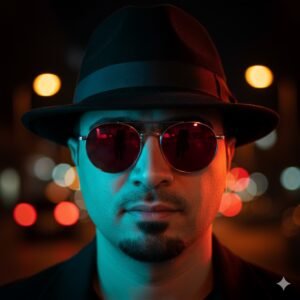 neon noir, cinematic portrait, stylish man, NonoBanana, fedora, moody lighting, urban night