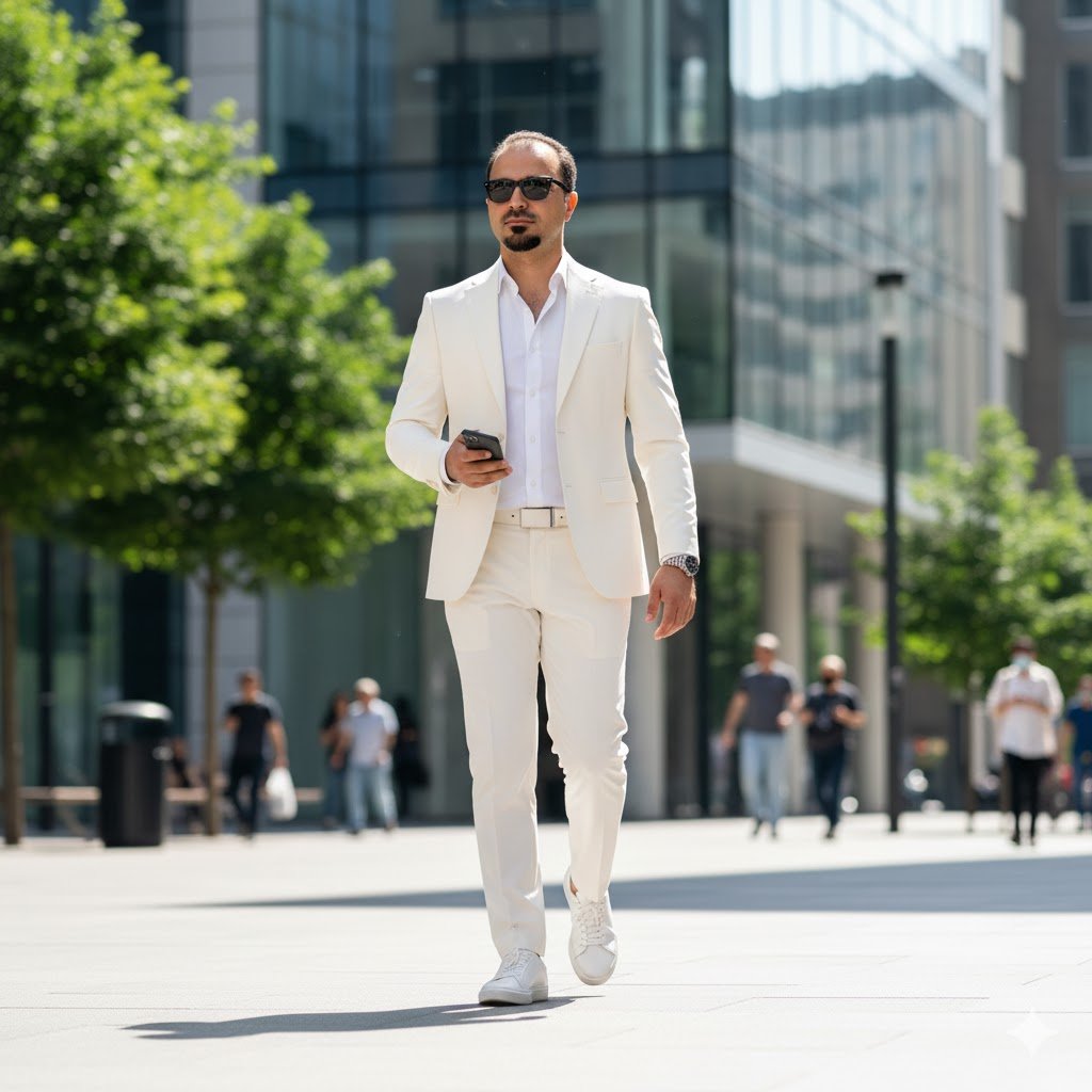 AI image prompt, NonoBanana, white suit, urban fashion, stylish man, city walk, modern portrait