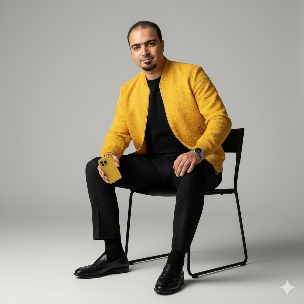 editorial portrait, studio lighting, yellow jacket, fashion pose, elegant style, cinematic art, NonoBanana