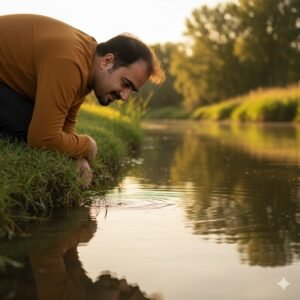 AI image prompt, NonoBanana, cinematic portrait, river scene, self reflection, serene man, poetic lighting