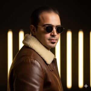 AI image prompt, NonoBanana, cinematic portrait, leather bomber jacket, stylish man, moody lighting, hyper-realistic